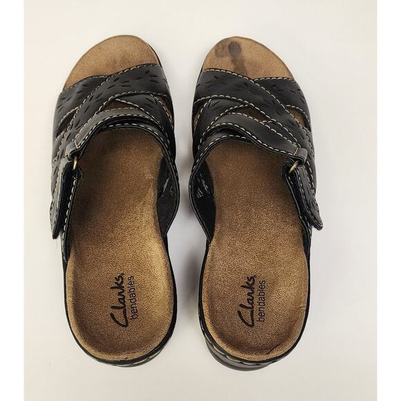Clarks Bendables Wedge Open Toe Black Sandals Adjust Strap Leather Size 8.5M - Picture 2 of 8